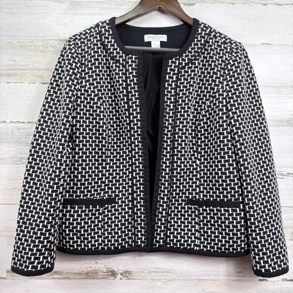 Christopher & Banks Cardigan Jacket Women PM Black White Geometric Preppy Chic‎